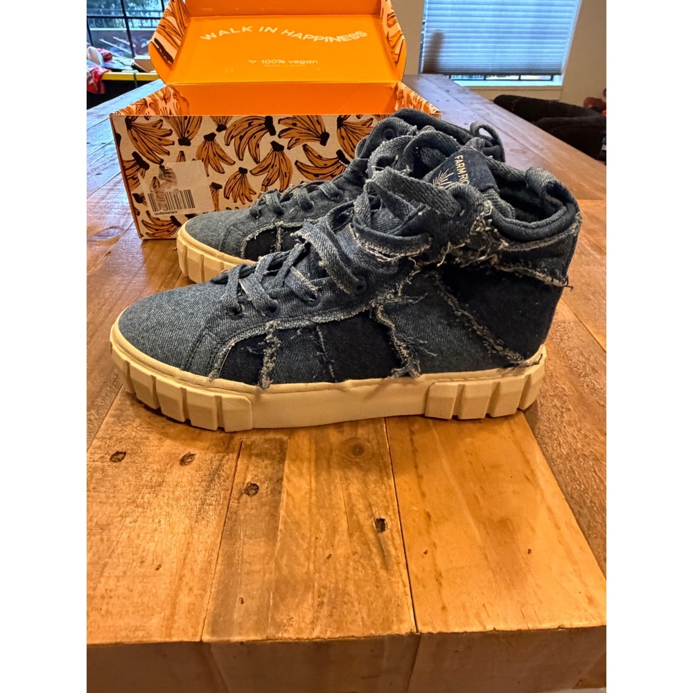 Farm Rio Patchwork Denim High Top Sneakers Blue Distressed Platform Vegan Shoes - Picture 2 of 11